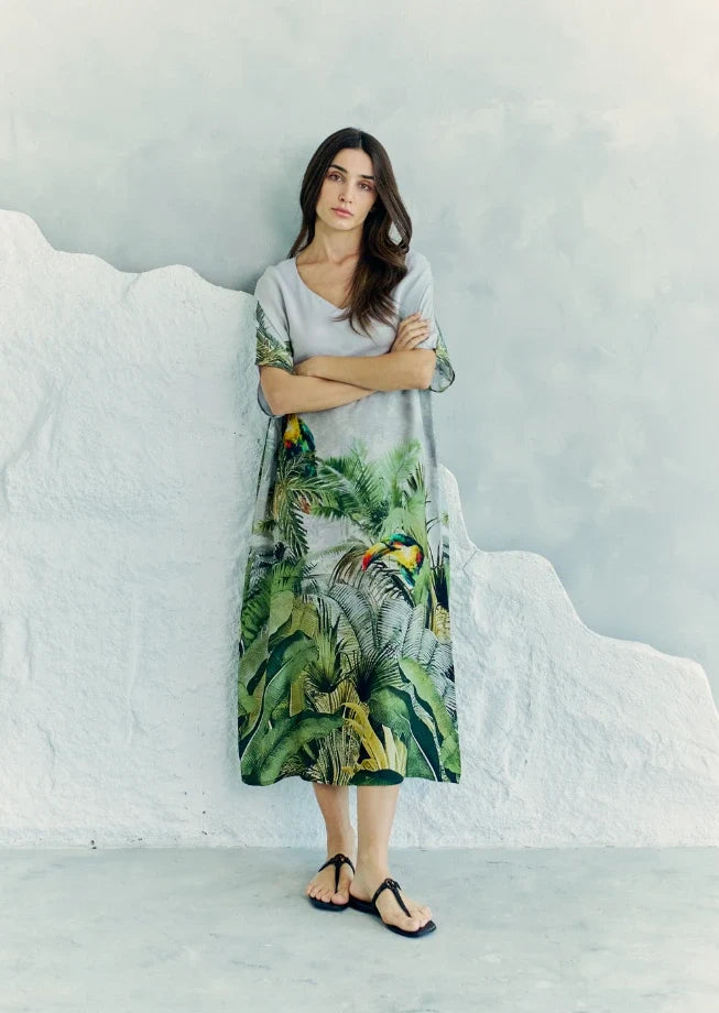 Wild Wings Bird In The Jungle Long Kaftan Dress With Side Slits - Green & Multicolor